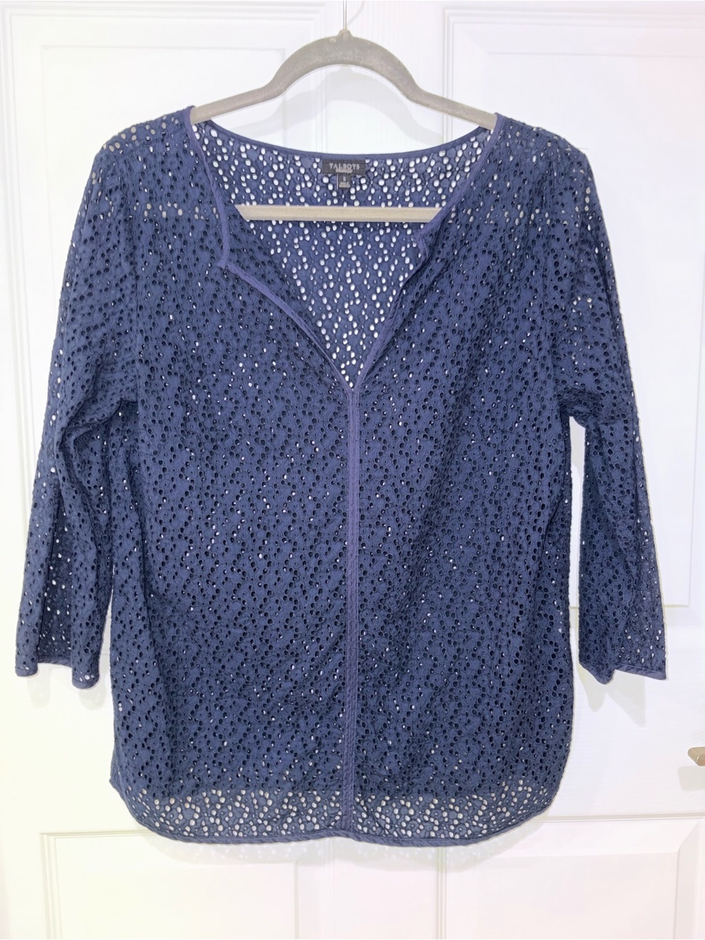 Talbots Blue Eyelet Open Knit Cardigan Top Size Small 100% Cotton Boho